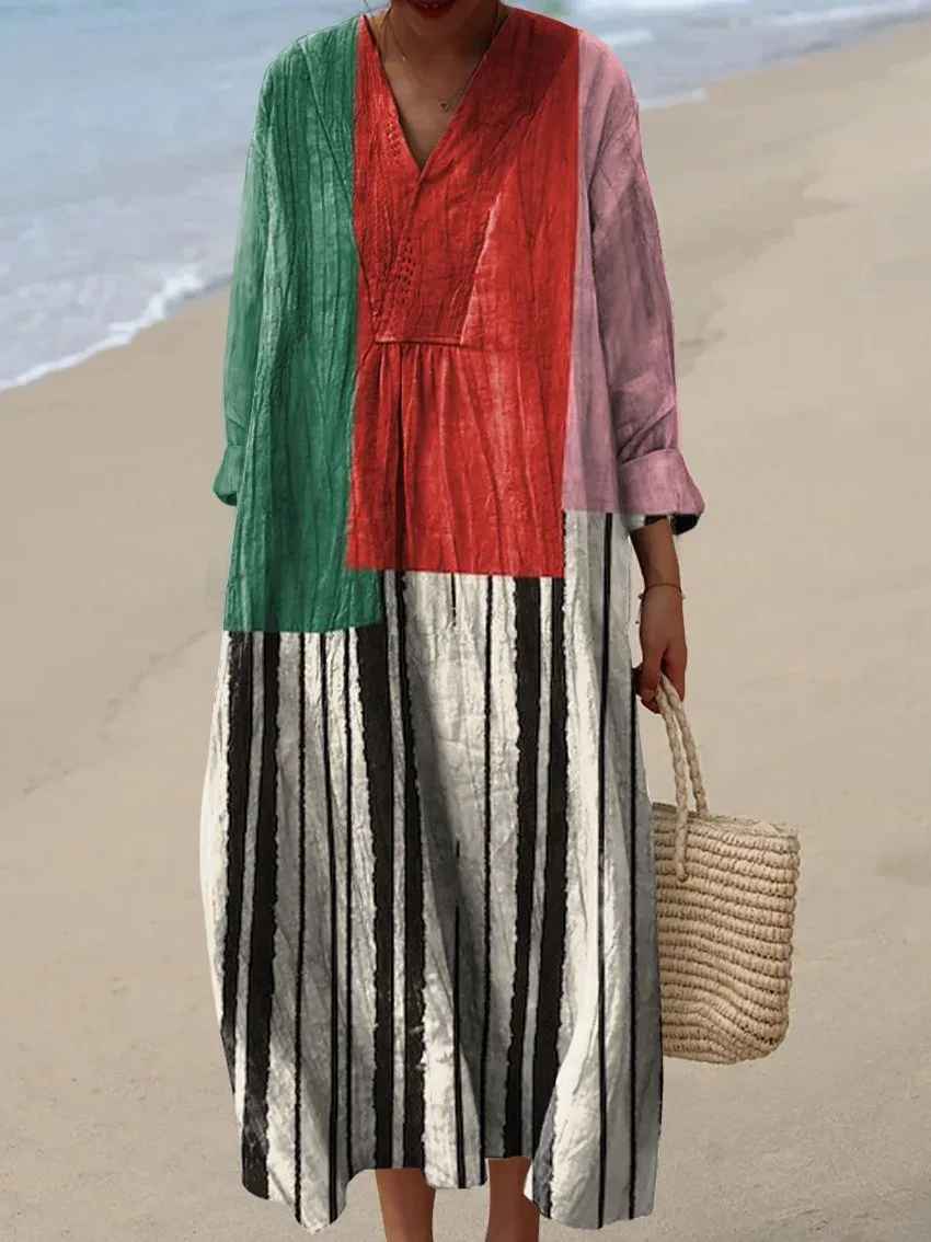 Comfortable women's colorful patchwork maxi dress. A vibrant, flowy, long-sleeve casual dress for summer and vacation.
