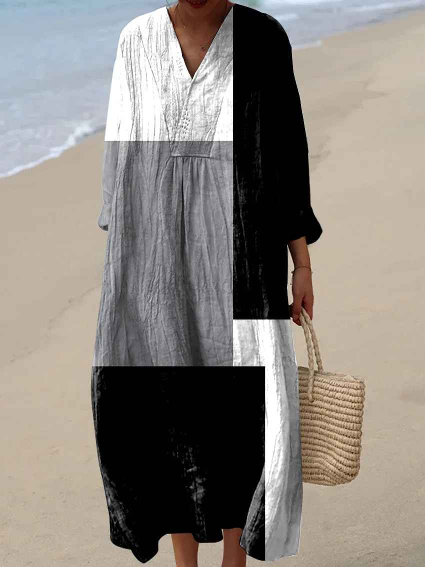 Statement women's long-sleeve patchwork maxi dress. Elegant and casual with a vibrant, colorful, boho-inspired design.