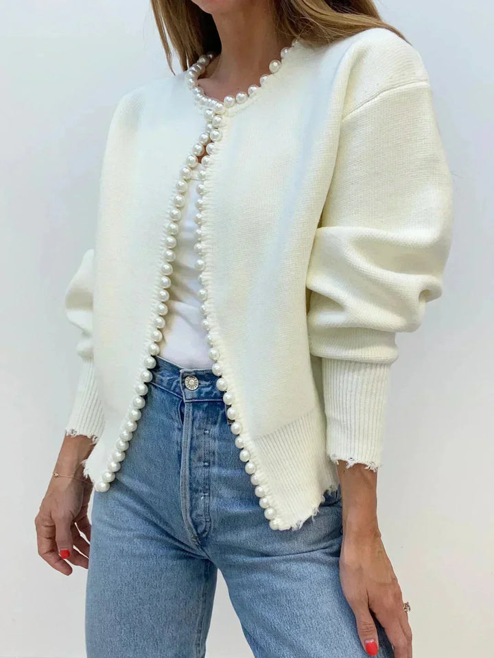Versatile women's cardigan with elegant pearl trim. Perfect for brunch, travel, or chic casual fashion.