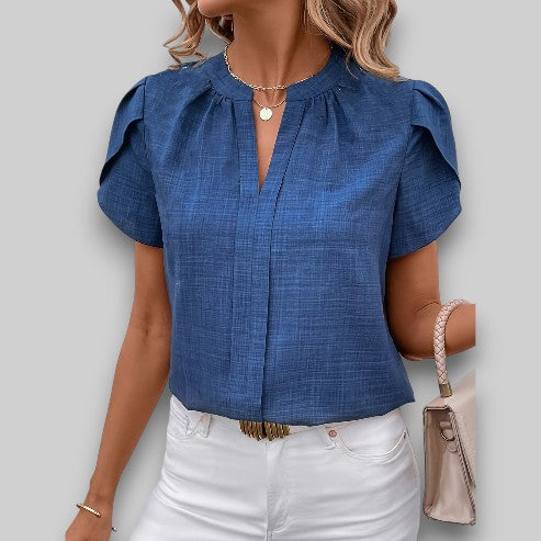Elegant women's petal sleeve blouse with pleated neckline, perfect for spring & summer casual chic style.