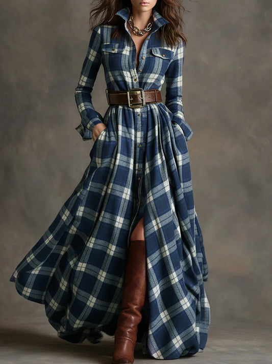 Elegant women's plaid maxi dress with belt, button-down front, long sleeves. Fall fashion.