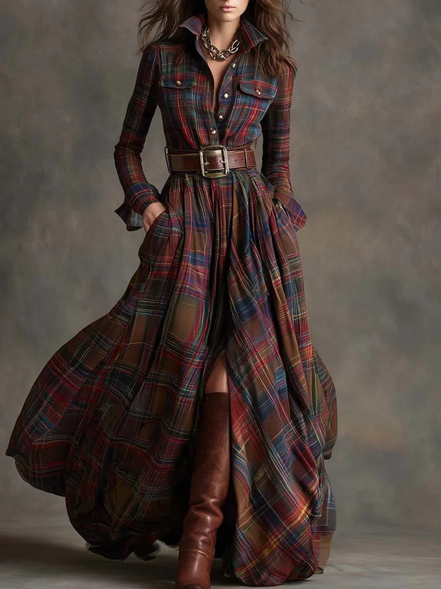 Sophisticated women's belted plaid maxi dress. Button-down, long sleeve, versatile for fall.