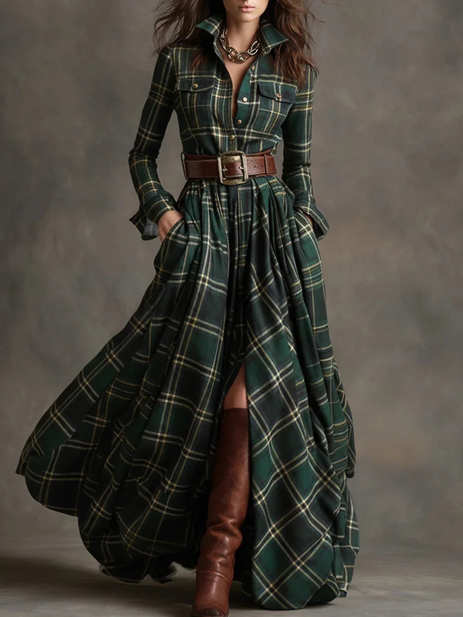 Women's stylish button-down plaid maxi dress with adjustable belt, long sleeves. Elegant fall wear.