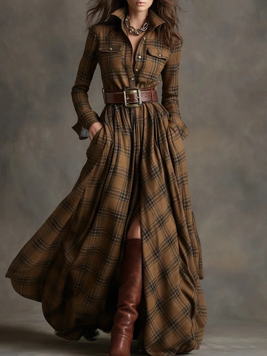 Women's classic plaid maxi dress, button-down style, long sleeves, includes a chic belt. Versatile.