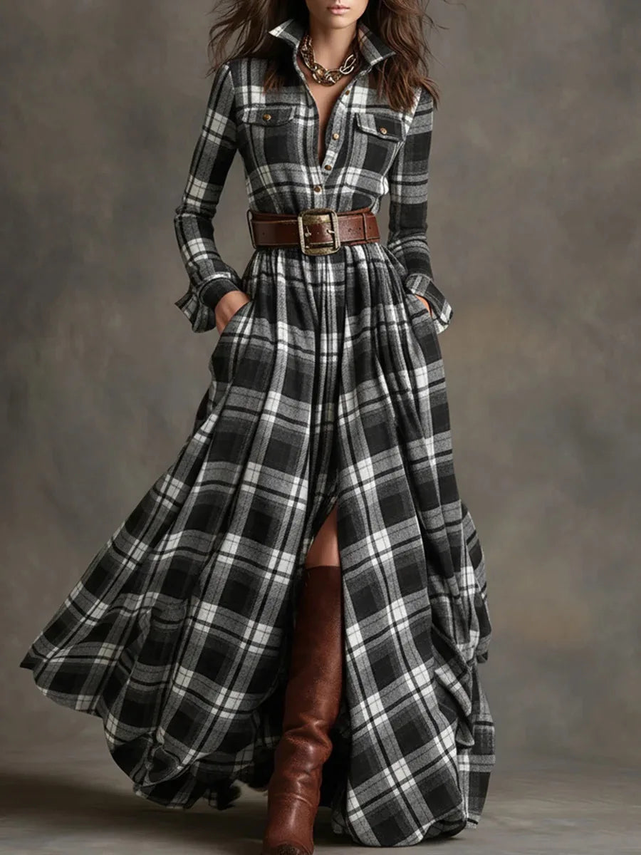 Elegant women's long sleeve plaid maxi dress with belt. Button-down style, perfect for sophisticated fall.
