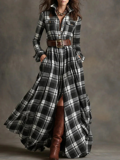 Elegant women's long sleeve plaid maxi dress with belt. Button-down style, perfect for sophisticated fall.