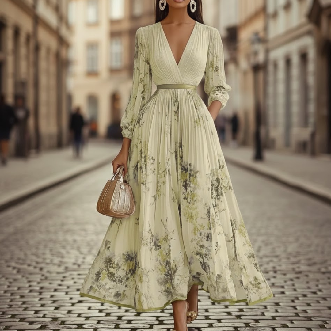 Elegant women's pleated floral maxi dress with V-neck, long sleeves, and tie waist. Perfect for spring & summer.