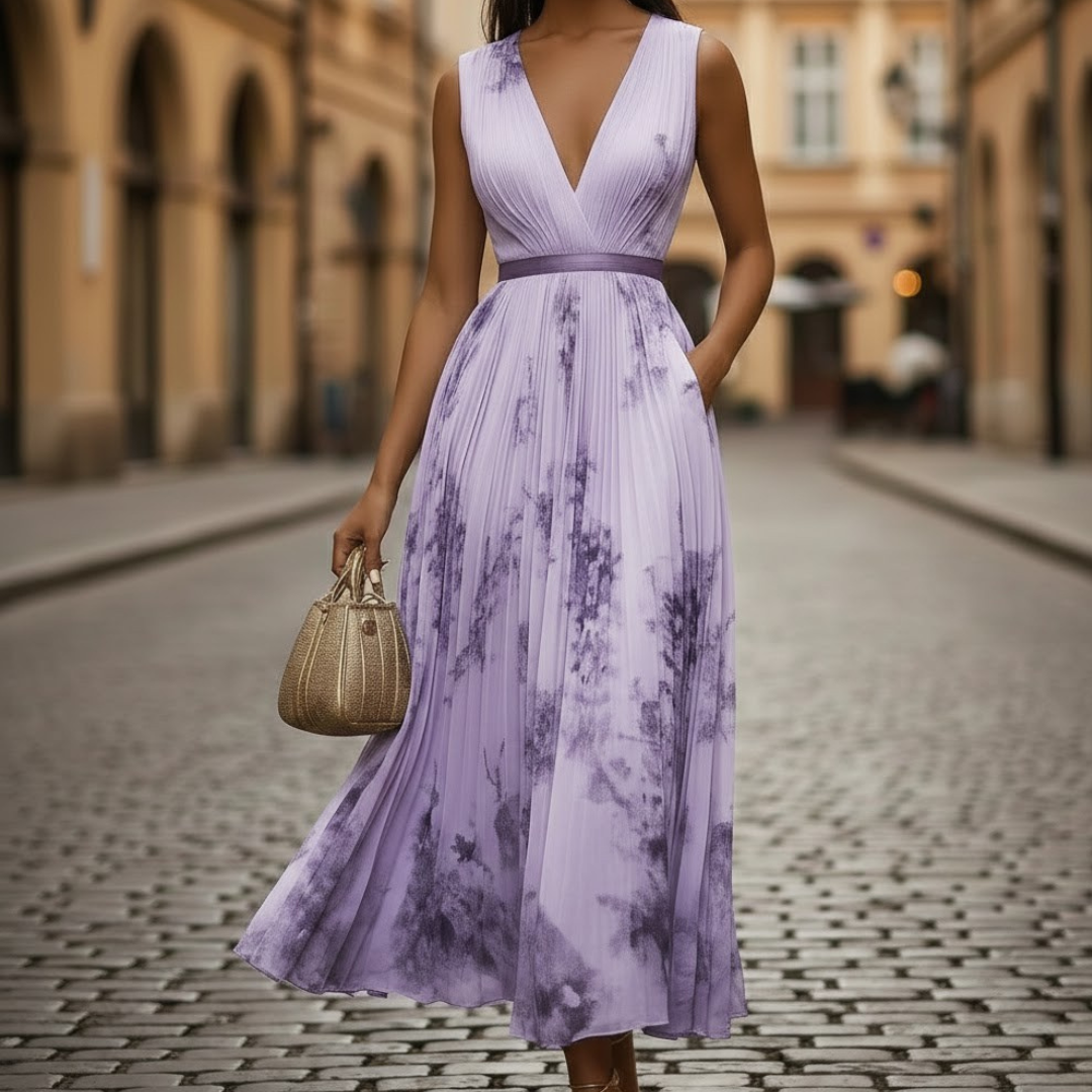 Flowy floral maxi dress for women, featuring a pleated skirt, V-neck, & long sleeves. Ideal for casual or semi-formal.