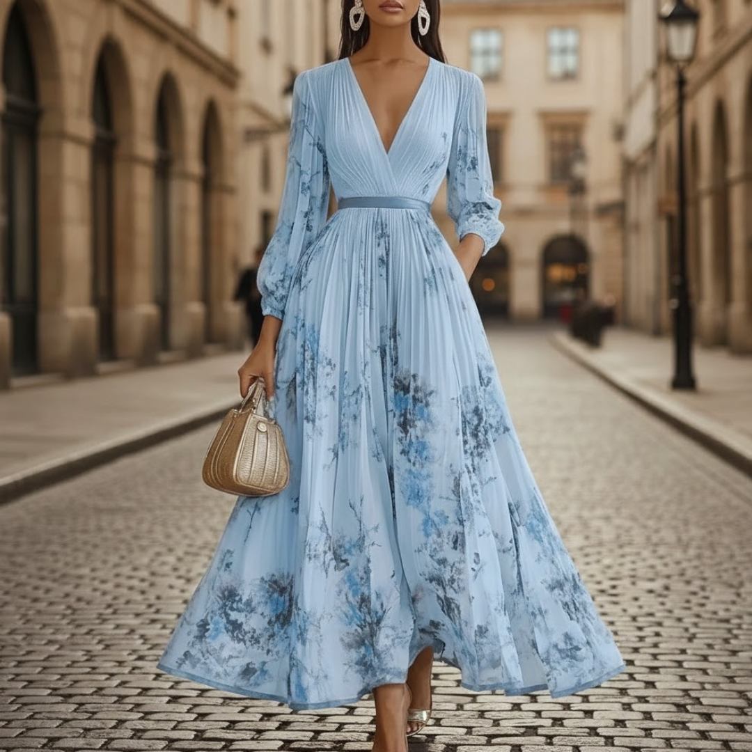 Close-up of a vibrant floral print on a women's pleated maxi dress with elegant V-neck and long sleeves.