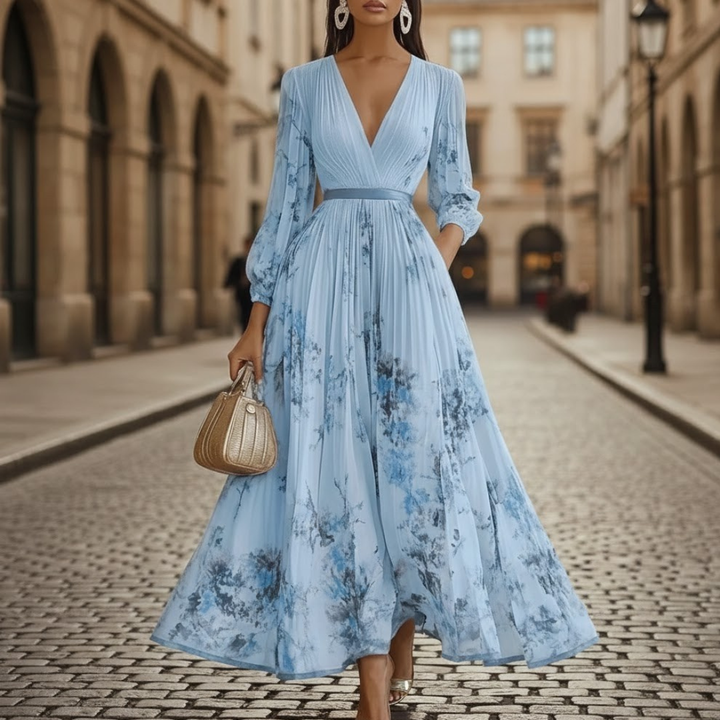 Close-up of a vibrant floral print on a women's pleated maxi dress with elegant V-neck and long sleeves.