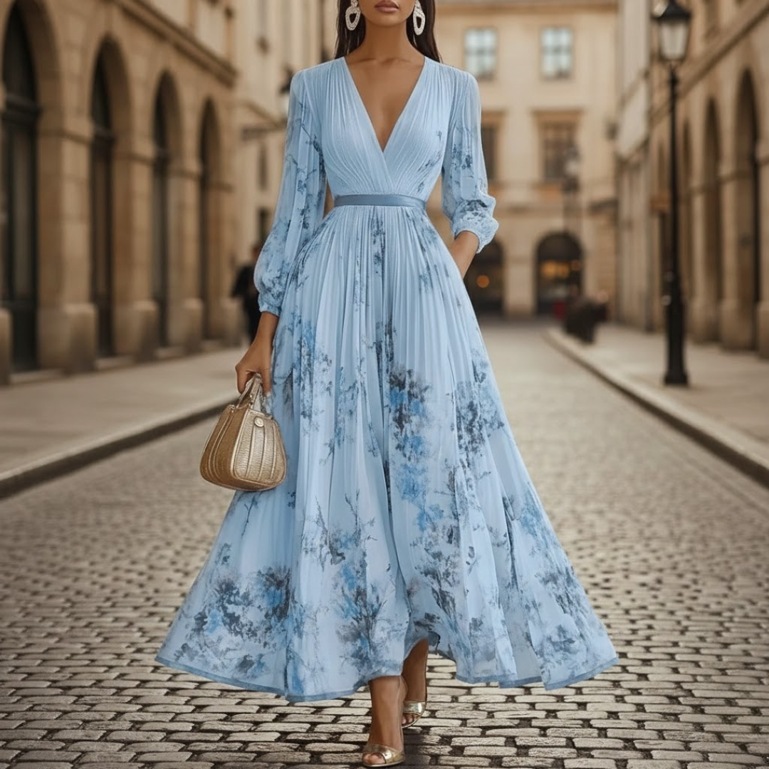 Comfortable women's long sleeve V-neck floral pleated maxi dress, a chic choice for any spring or summer occasion.