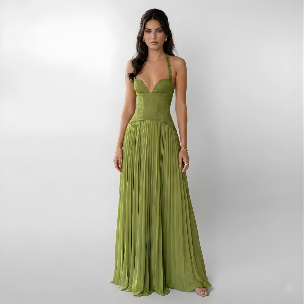Elegant women's pleated halter maxi dress with open back, perfect for special occasions or evening parties.