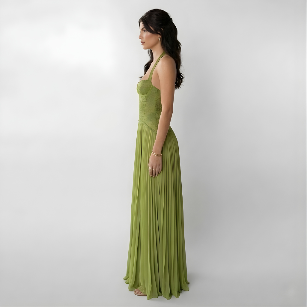 Sleeveless green pleated maxi dress for women, featuring a chic halter neckline and elegant open back for formal events.