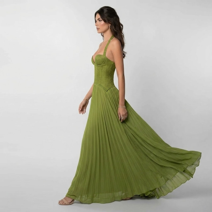 Sophisticated women's evening gown: a pleated halter maxi dress with an elegant open back, ideal for parties & galas.