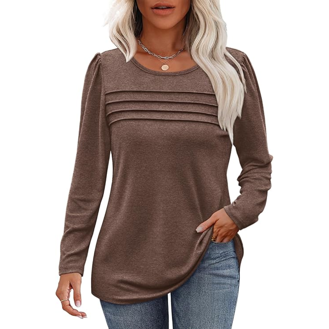 Plus size elegant pleated long sleeve tunic top for women's comfort.