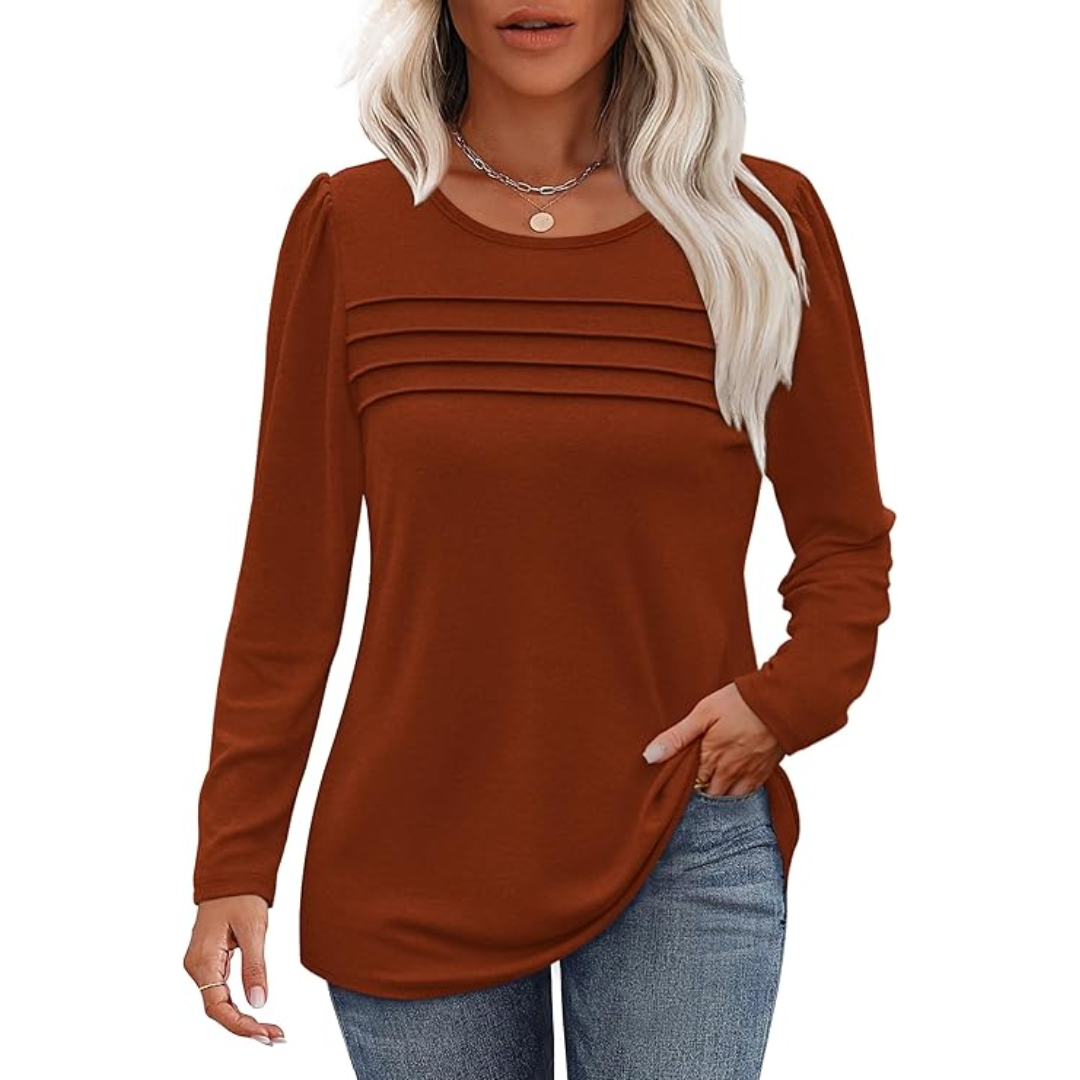 Fall fashion women's pleated long sleeve tunic, stylish and comfy fit.