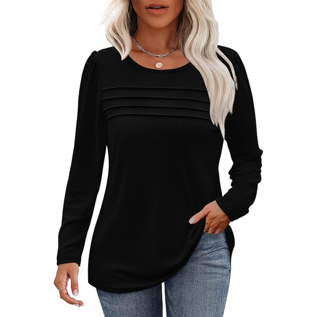 Trendy long sleeve plissé top for women, elegant and versatile style.