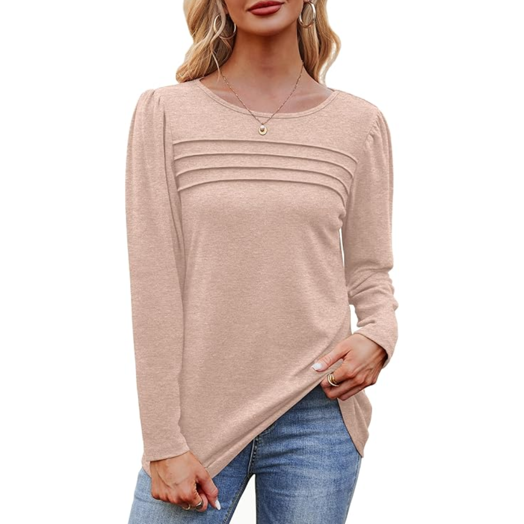 Trendy plissé long sleeve tunic top for women, comfortable and stylish.