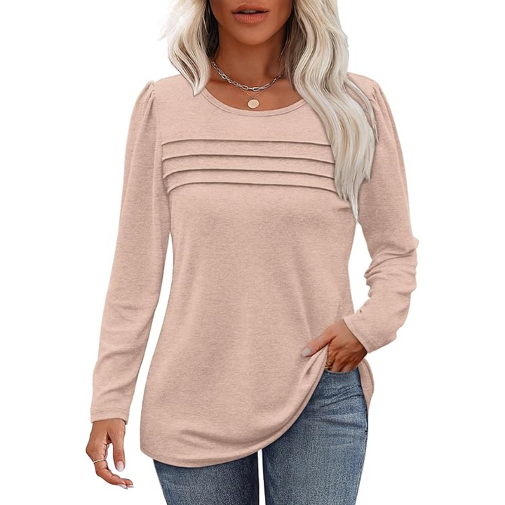 Women's long sleeve plissé tunic blouse, ideal for plus size fashion.