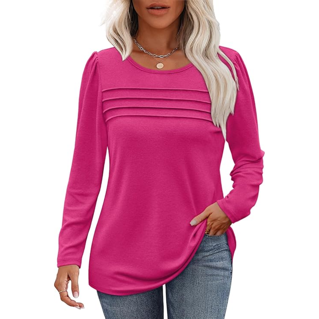 Elegant pleated long sleeve tunic top for women, comfort fit design.