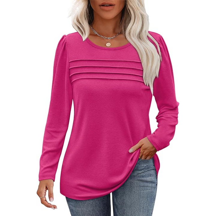 Elegant pleated long sleeve tunic top for women, comfort fit design.