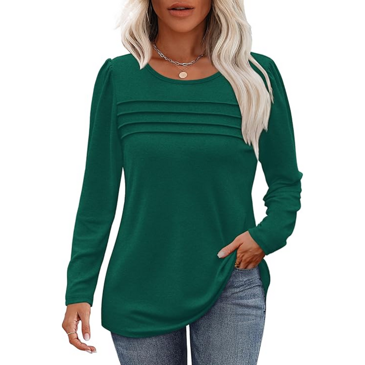 Trendy women's plissé tunic, long sleeve, great for fall fashion apparel.