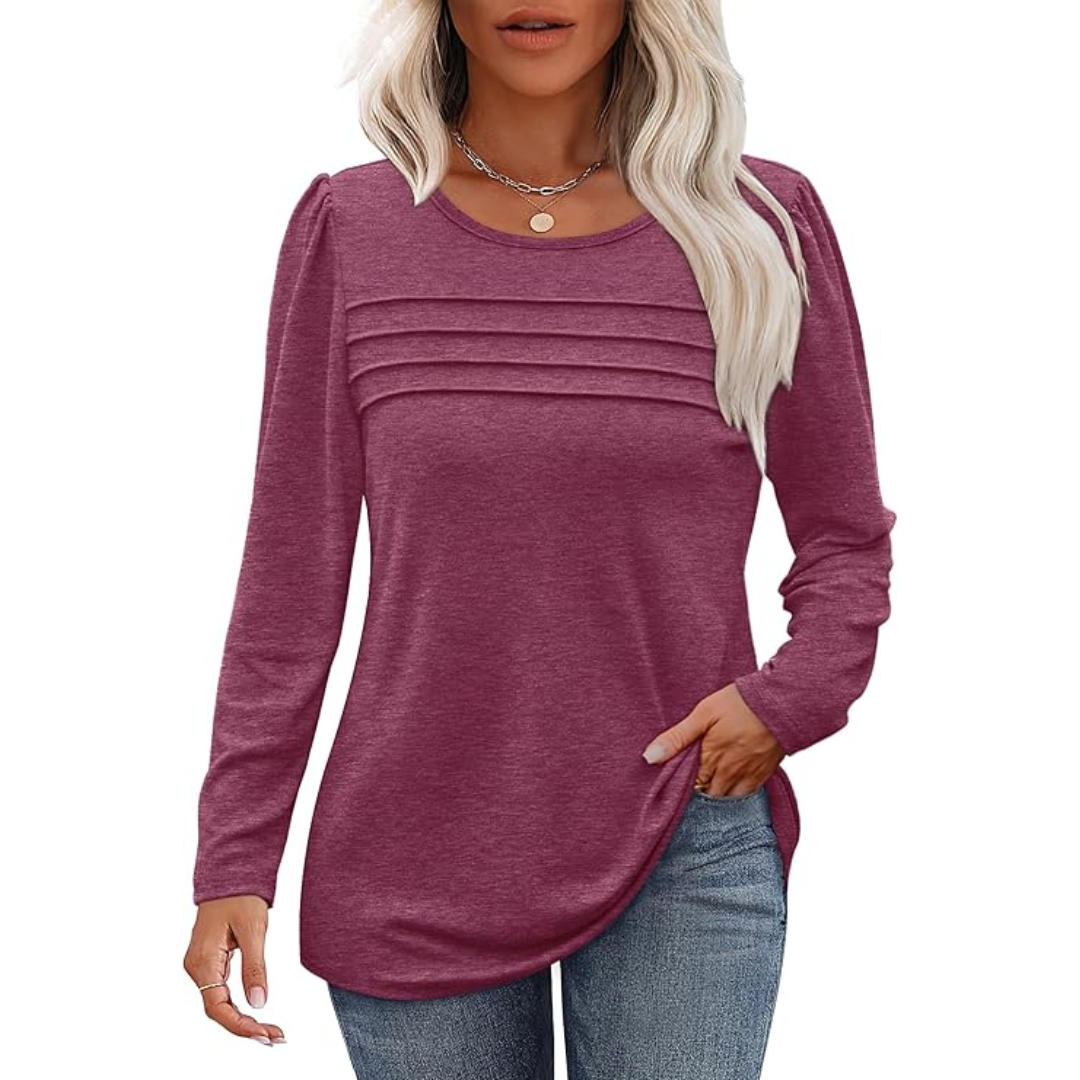 Stylish long sleeve pleated tunic top, versatile women's apparel.
