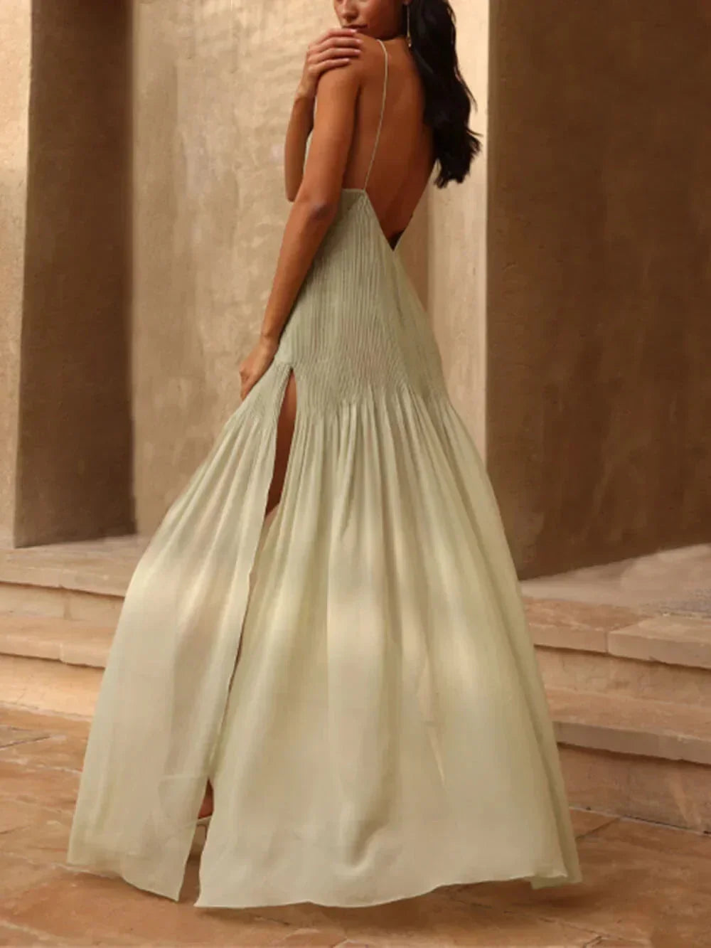 Stunning women's pleated maxi dress, a chic V-neck evening gown. Ideal for formal events and special occasion wear.