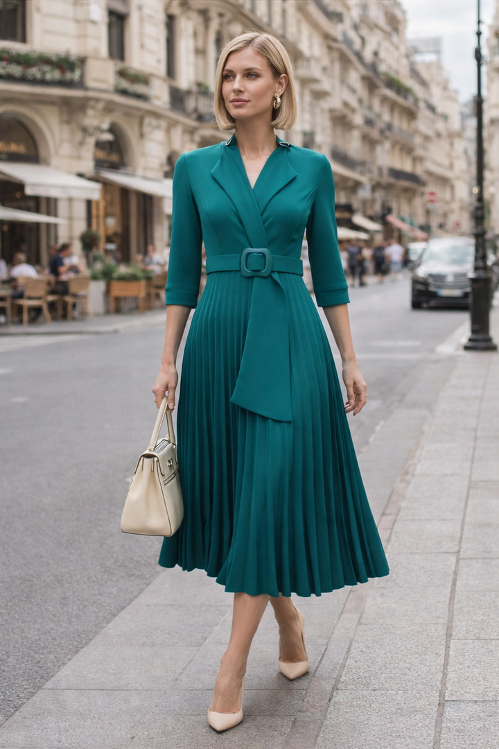 Elegant women's pleated midi dress, perfect for formal events or party wear. Features a stylish V-neck design.
