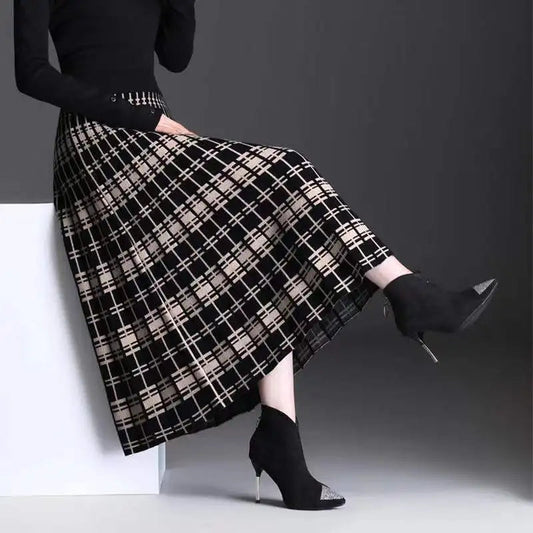 Elegant women's pleated midi skirt, high waist A-line design, perfect for chic casual or work wear.