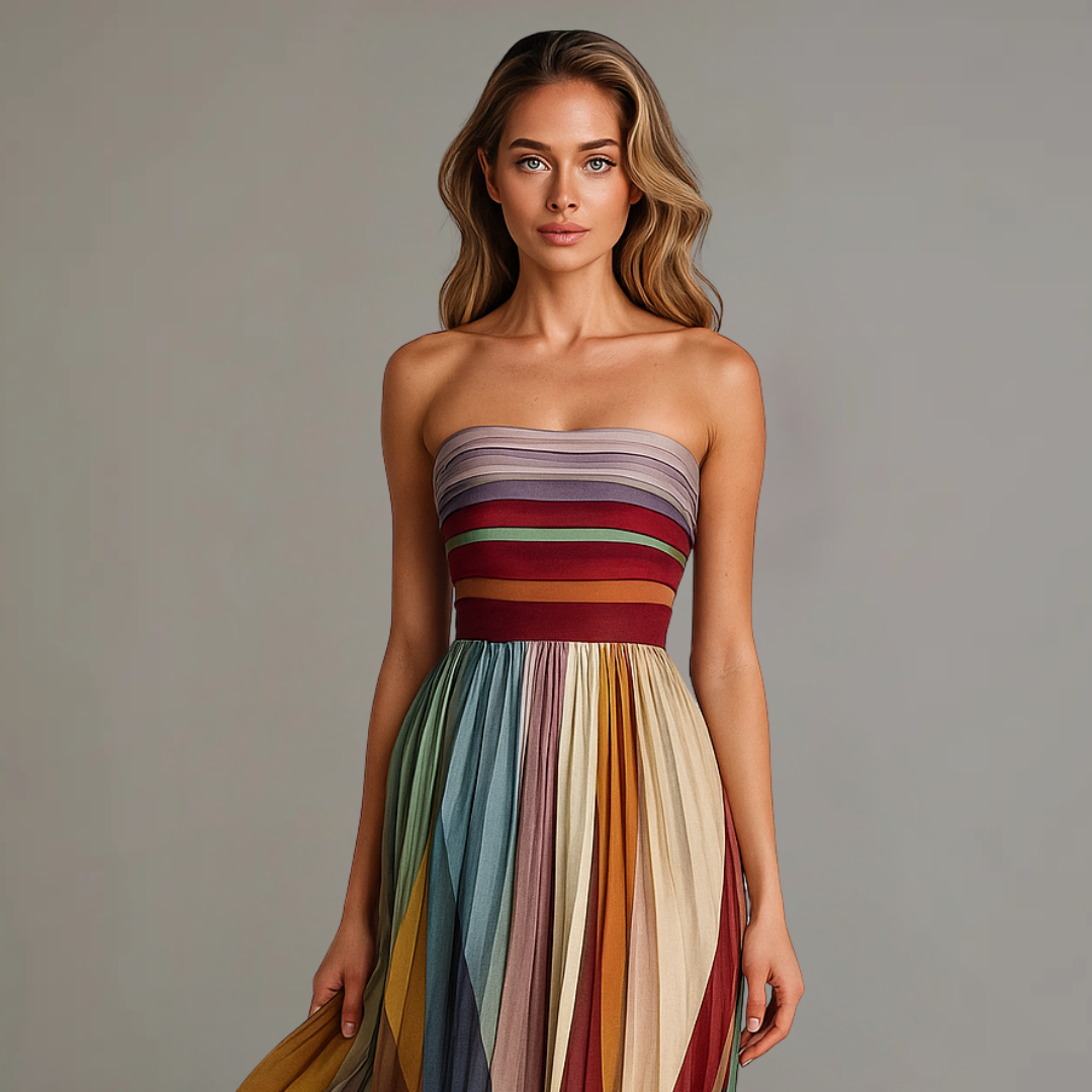 Flowy women's strapless maxi dress with delicate pleats. Ideal for summer parties, elegant occasions, and evening wear.