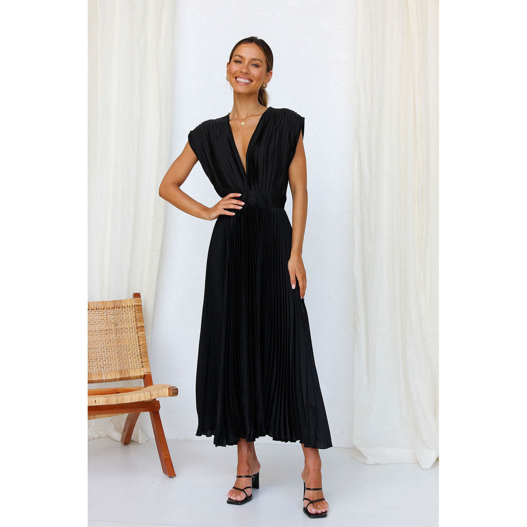 Elegant women's V-neck pleated midi dress, a chic and versatile summer occasion dress.