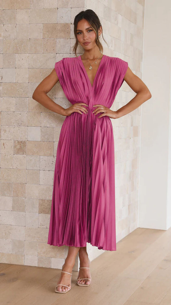 Stylish pleated V-neck midi dress for women, offering elegant comfort for any special occasion.