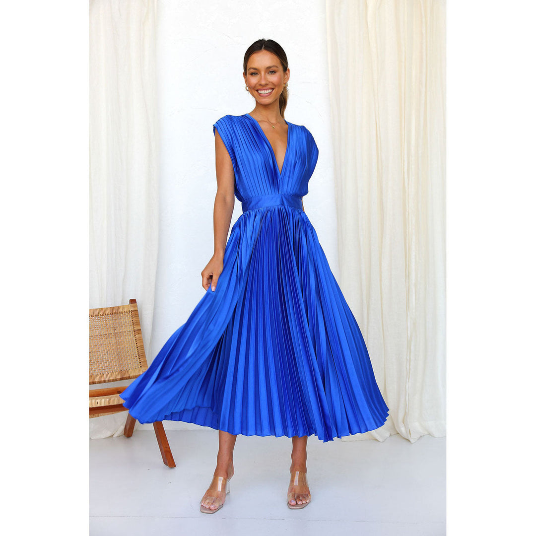 Sophisticated V-neck pleated midi dress for women, offering elegant style and comfort for diverse occasions.