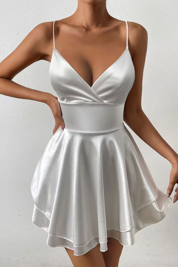 Elegant women's pleated V-neck swing dress with open back, perfect for parties & special occasions.