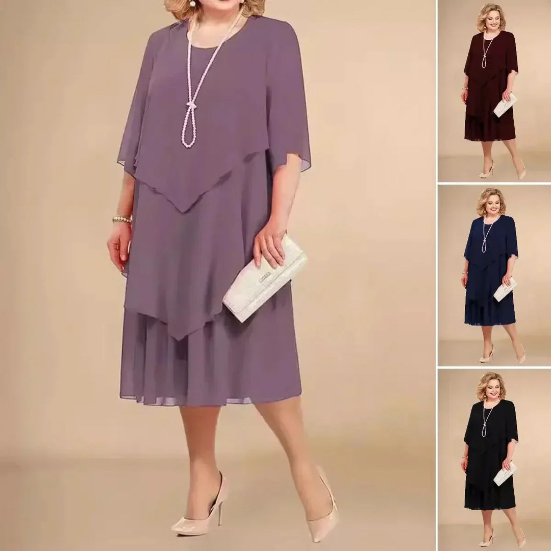 Front view of a women's plus size asymmetrical midi dress, designed for comfort and style at formal events.