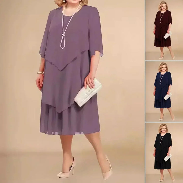 Front view of a women's plus size asymmetrical midi dress, designed for comfort and style at formal events.
