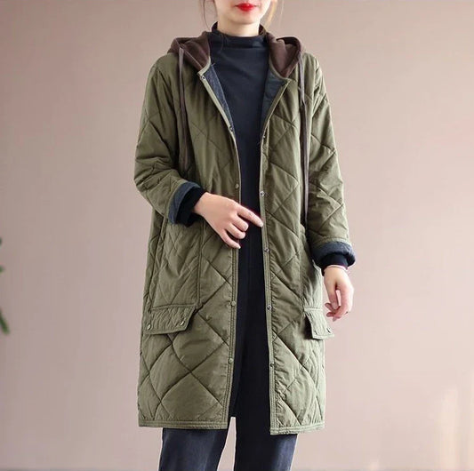 Elegant women's plus size hooded winter coat. Warm mid-length single-breasted fashion outerwear.
