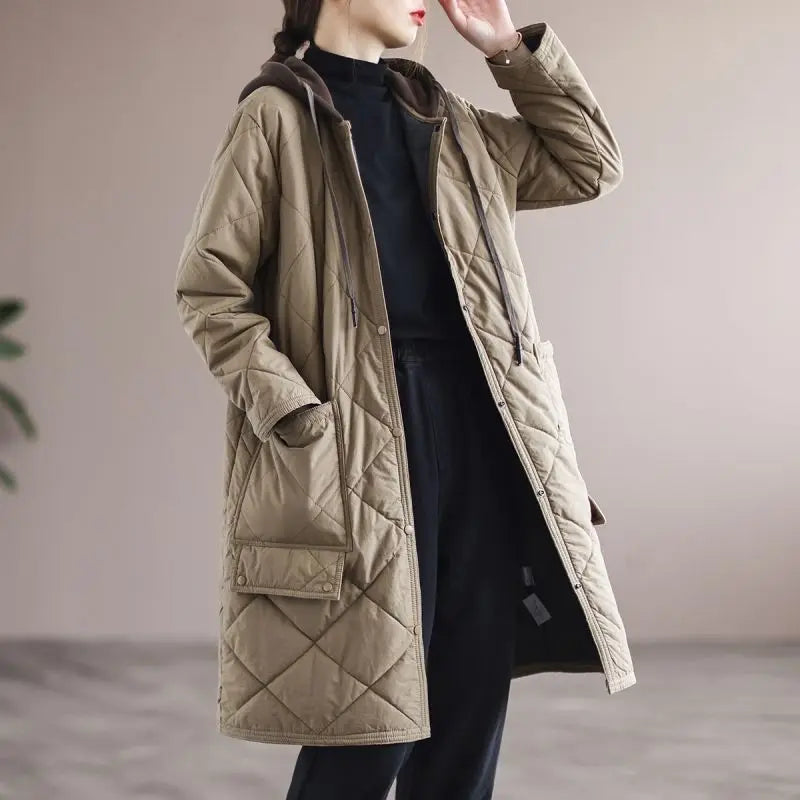 Fashionable plus size hooded winter coat for women. Elegant & cozy single-breasted jacket.