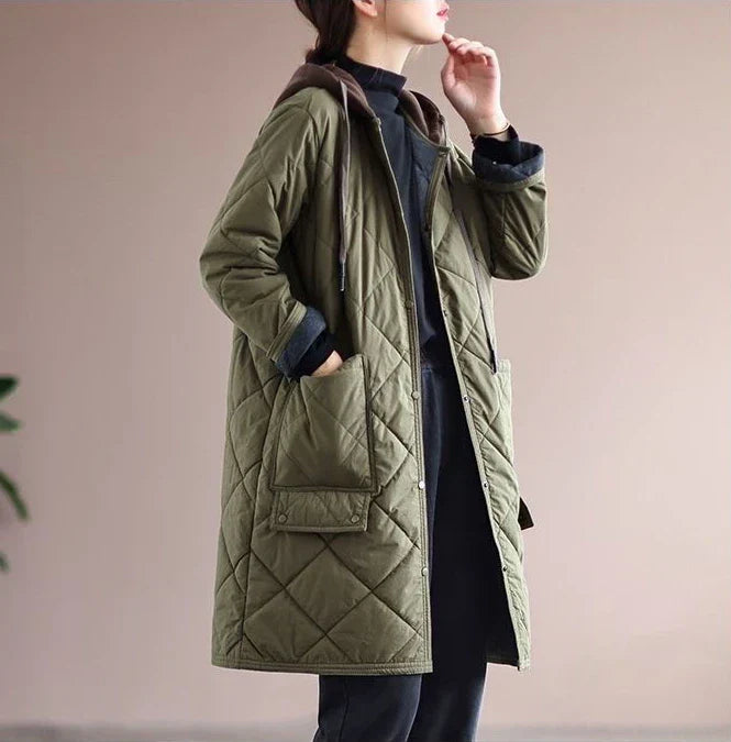 Cozy & elegant plus size women's winter coat. Hooded single-breasted mid-length fashion jacket.