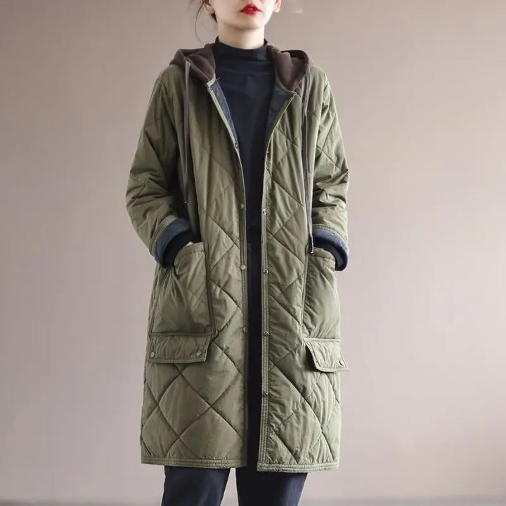 Plus size women's elegant hooded winter coat. Warm single-breasted mid-length fashion outerwear.