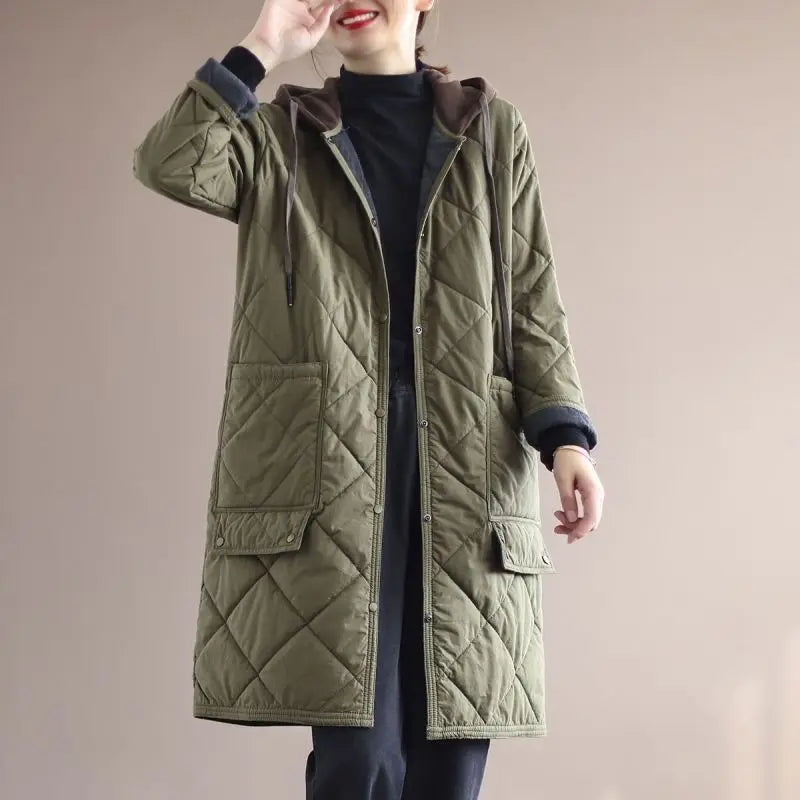 Stylish plus size women's mid-length hooded coat. Elegant & warm winter jacket for fall fashion.