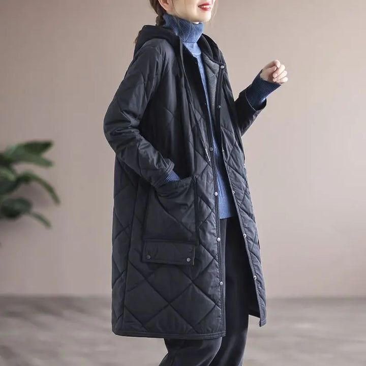 Elegant plus size women's mid-length winter coat. Warm hooded single-breasted outerwear style.