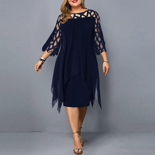 Elegant women's plus-size midi dress with delicate lace sleeves and a classic crew neck, perfect for fall parties.