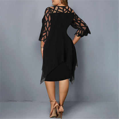 Elegant fall fashion plus-size midi dress for women, featuring exquisite lace sleeves & a comfortable crew neck.