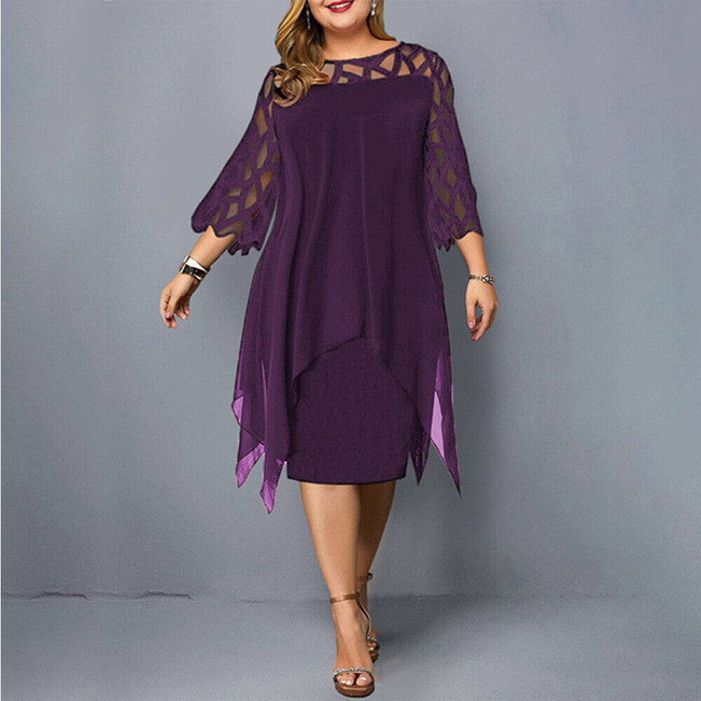 Close-up of intricate lace sleeves on a chic women's plus-size midi dress, ideal for evening or formal events.