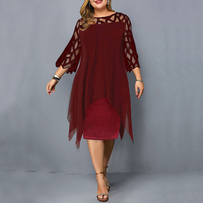 Comfortable & flattering women's plus-size midi dress, featuring elegant lace sleeves and a stylish crew neck.