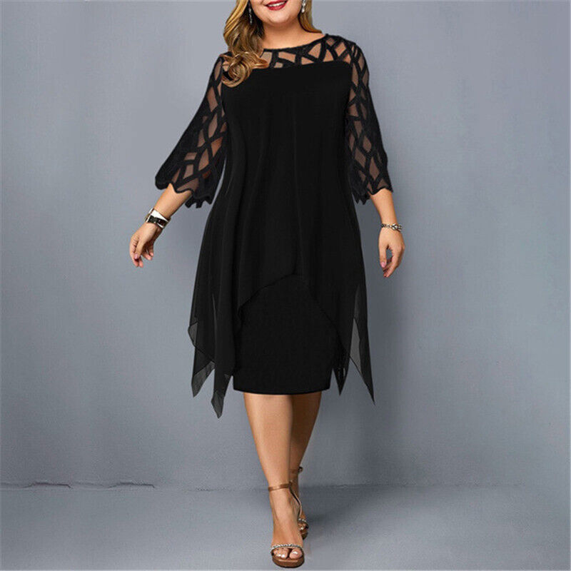Stylish plus-size party dress for women, a versatile midi length with elegant lace sleeves and a crew neck design.