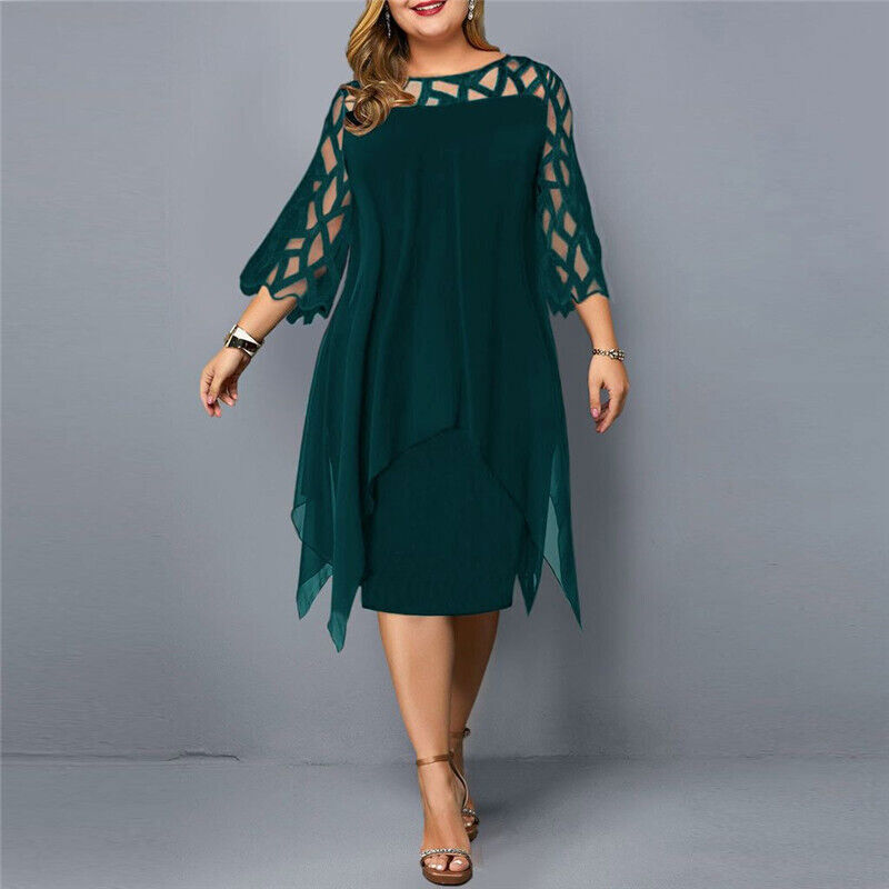 Sophisticated women's plus-size evening dress, a midi style with elegant lace sleeves, perfect for formal occasions.