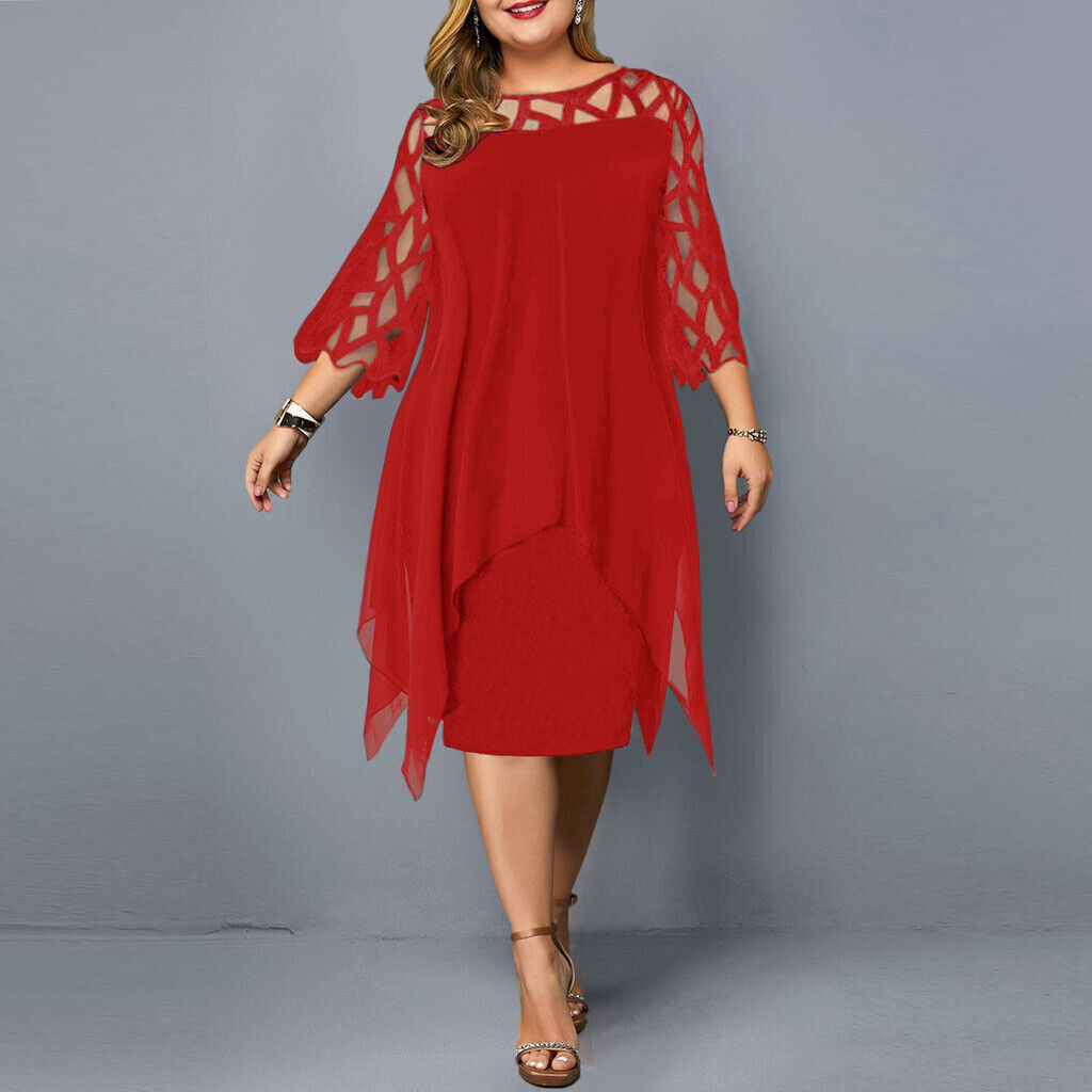 Elegant plus-size women's midi dress with beautiful lace sleeves, ideal for fall fashion, parties, or formal wear.